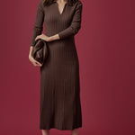 Long Sleeve Rib Henley Dress Mink Brown