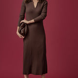 Long Sleeve Rib Henley Dress Mink Brown