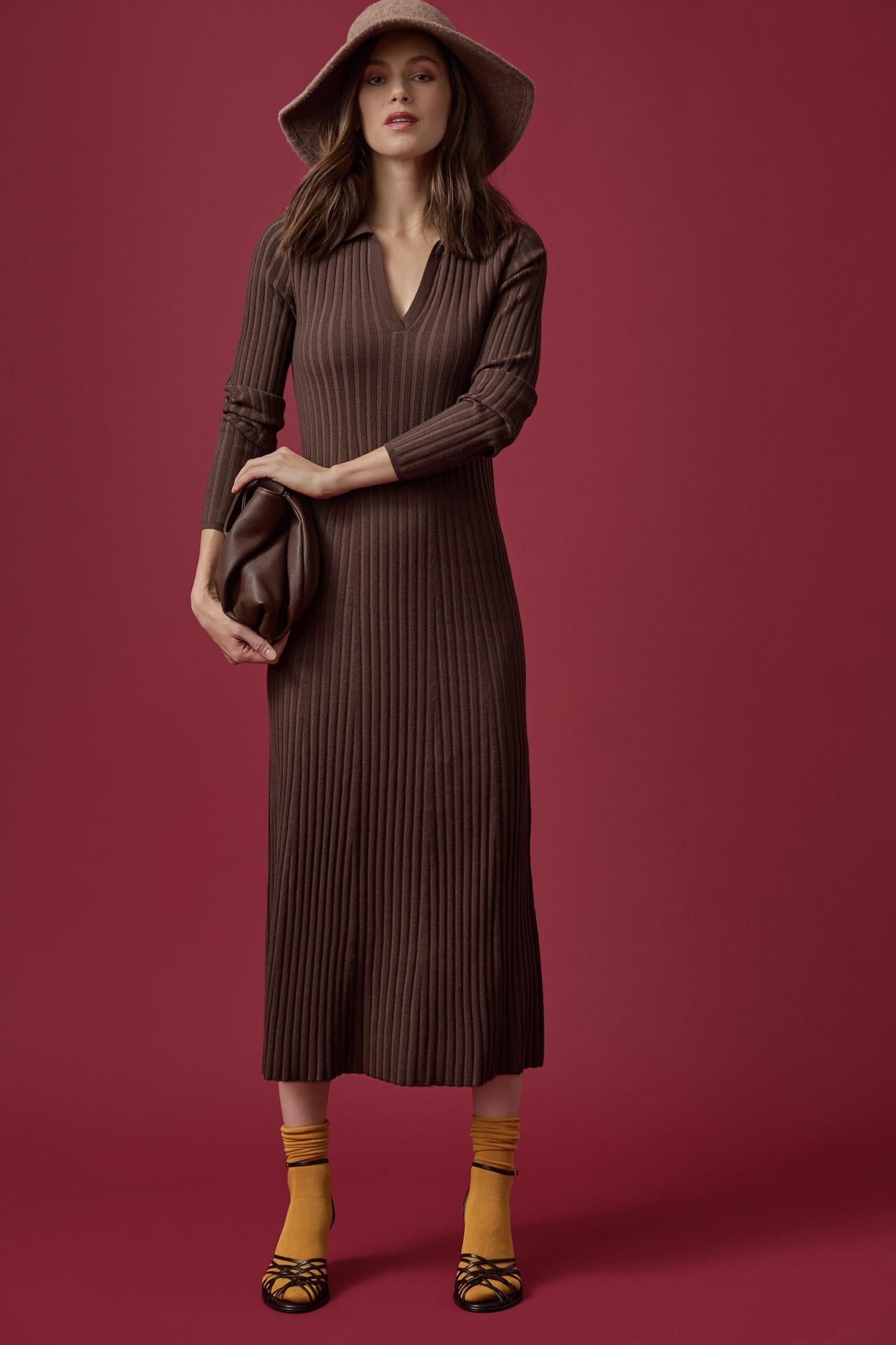 Long Sleeve Rib Henley Dress Mink Brown