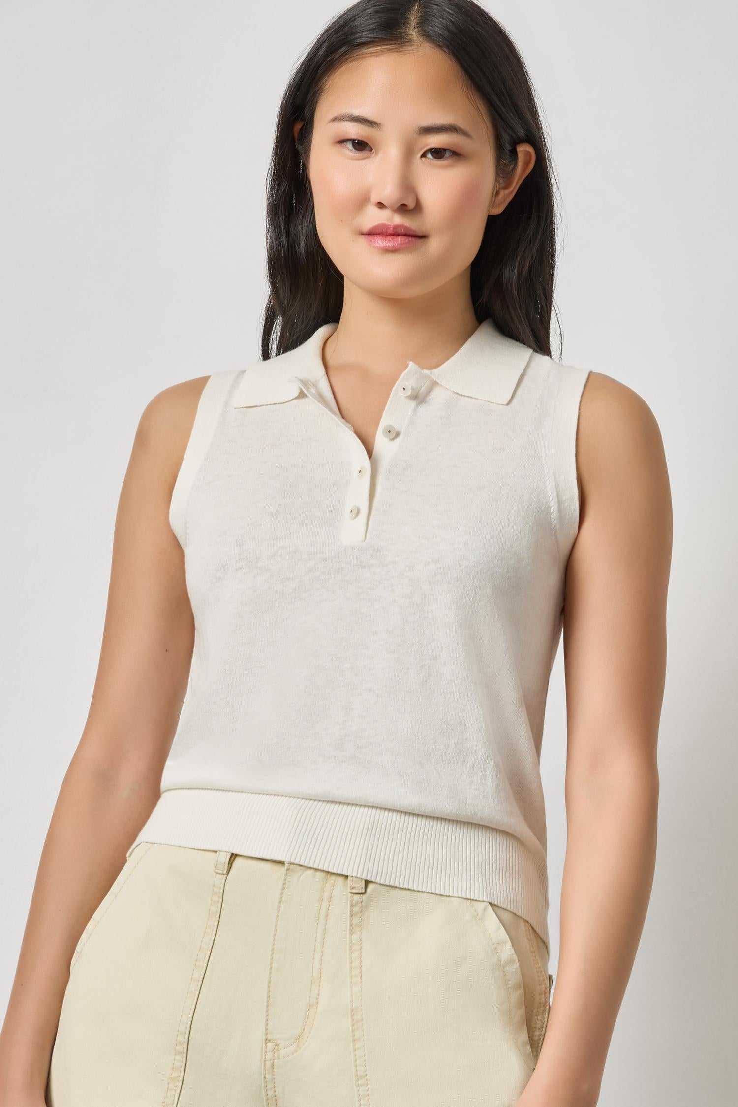 Sleeveless Polo Sweater White Linen