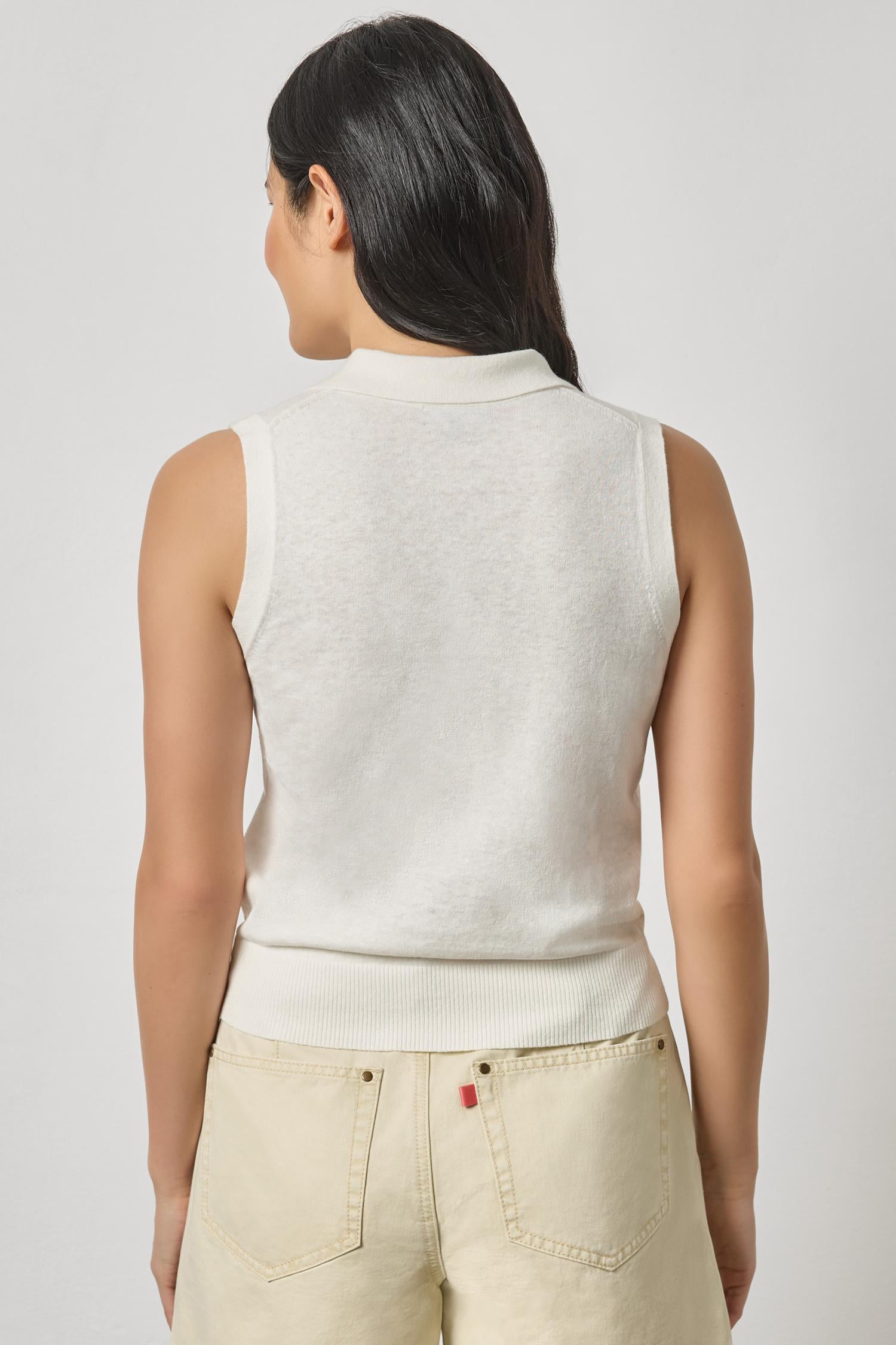 Sleeveless Polo Sweater White Linen
