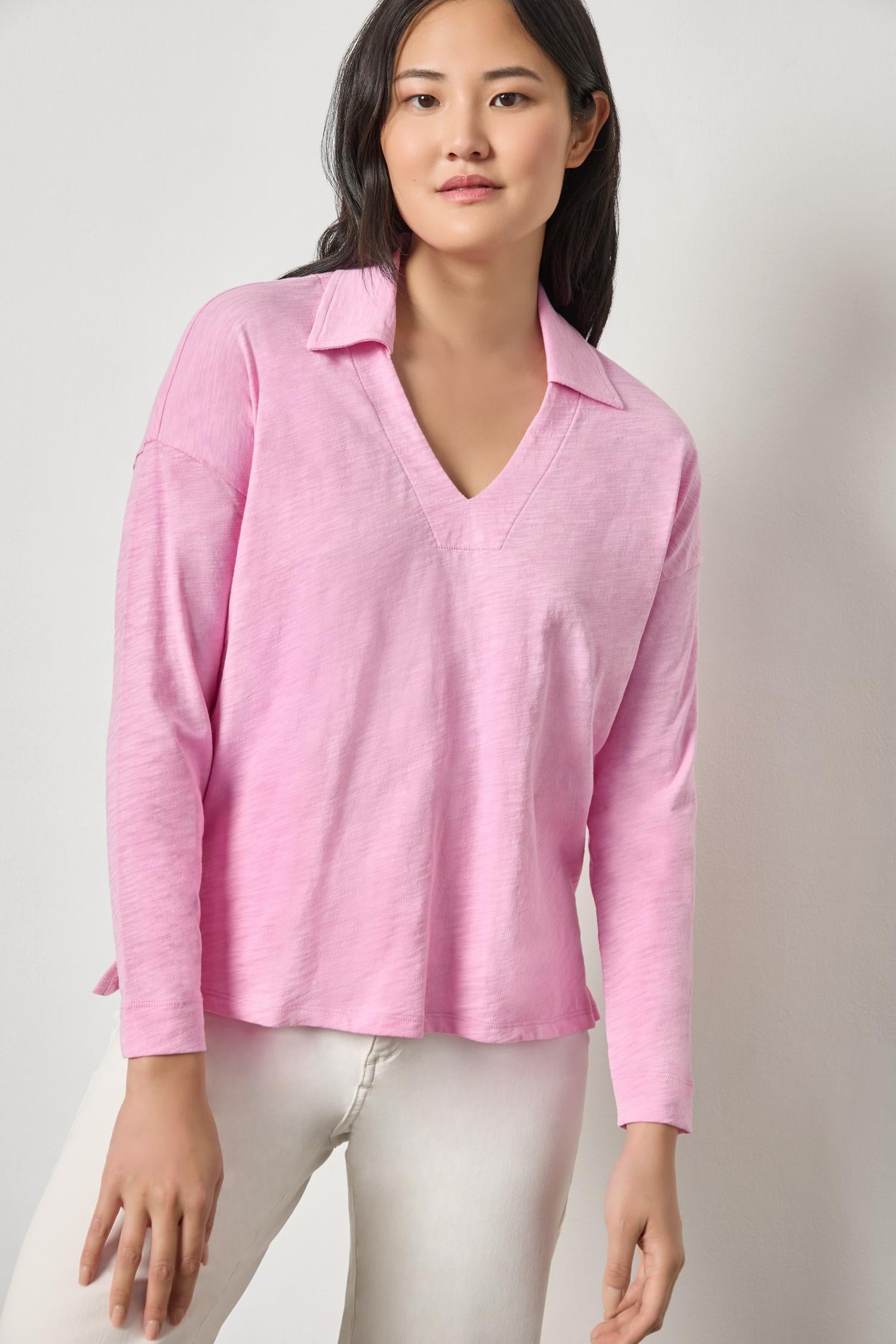 Easy Collared Split Neck Taffy Pink