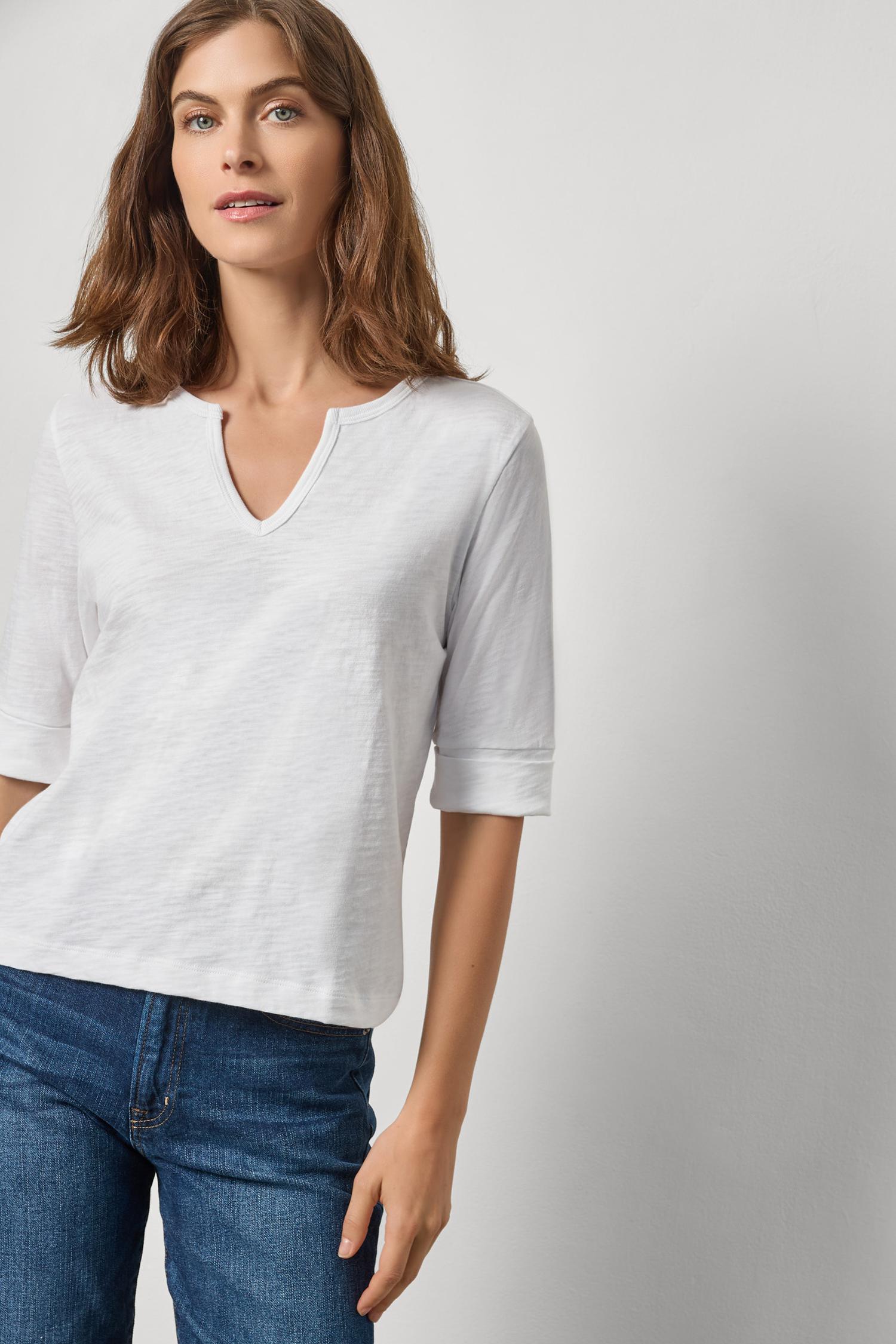 Rib Trim Elbow Split Neck White