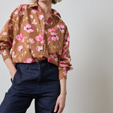 Dolman Sleeve Button Down Shirt Pink Poppy Print
