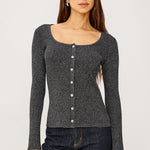 Paulina Long Sleeve Button Down Shirt Gunmetal Lurex