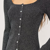 Paulina Long Sleeve Button Down Shirt Gunmetal Lurex