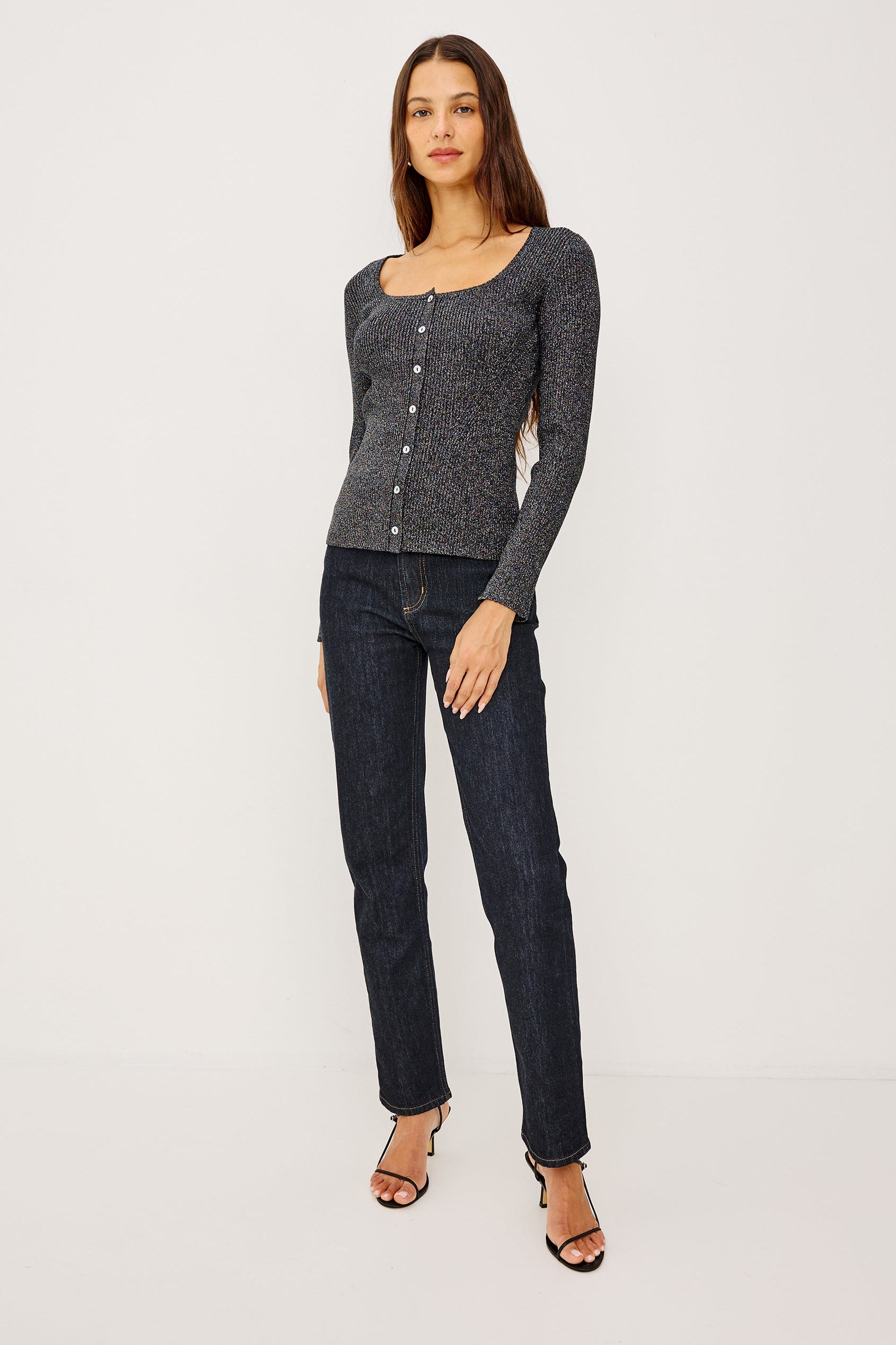 Paulina Long Sleeve Button Down Shirt Gunmetal Lurex