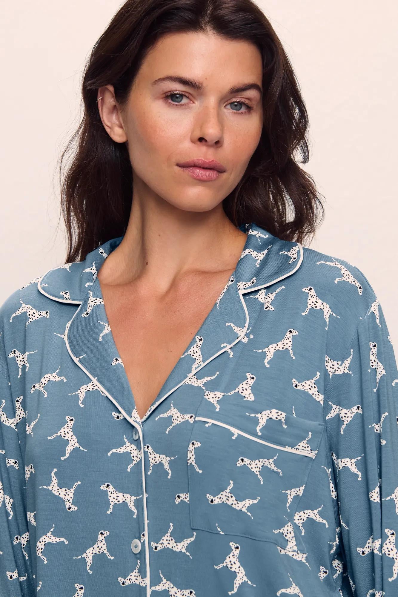 Gisele Printed Long Pj Set Dalmatian Faded Denim/Ivory
