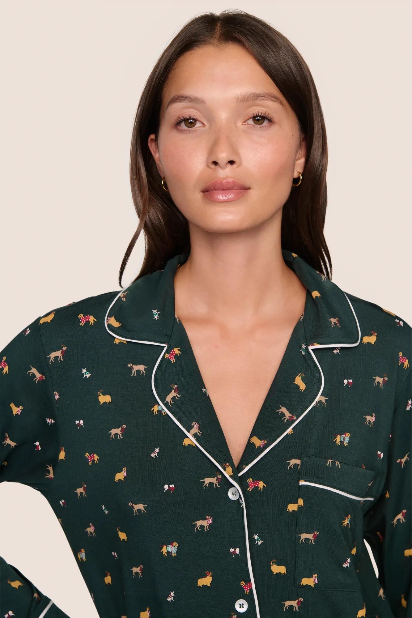 Gisele Printed Long PJ Set Holiday Dogs Pine/Ivory