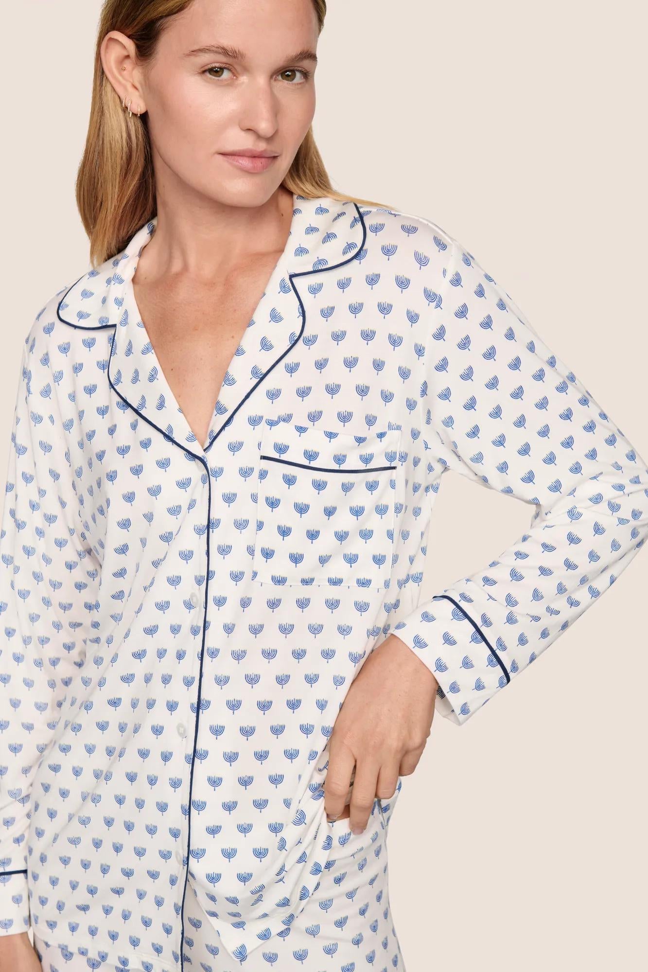 Gisele Printed Long PJ Set Hannukah Glow Nouvean Navy