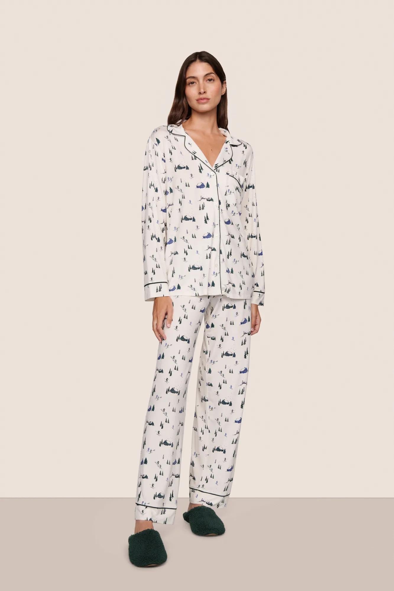Gisele Printed Long PJ Set Ski Chalet Ivory/Pine