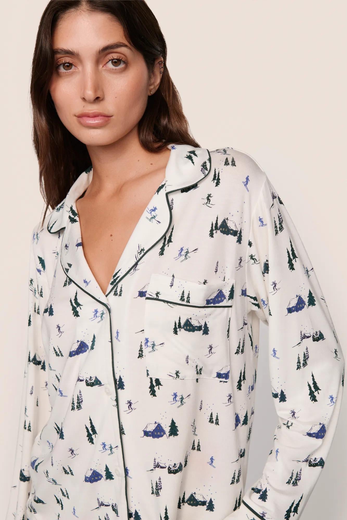 Gisele Printed Long PJ Set Ski Chalet Ivory/Pine