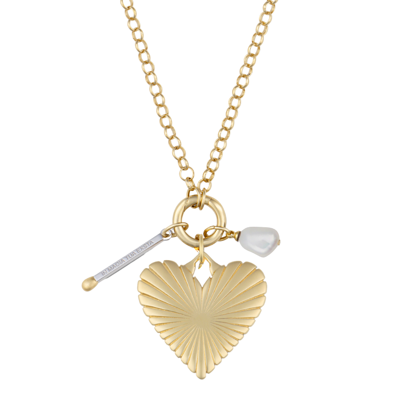 Percy Clip Necklace: Matchstick, Small Ribbed Heart of Gold, Gray Cloud Pearl