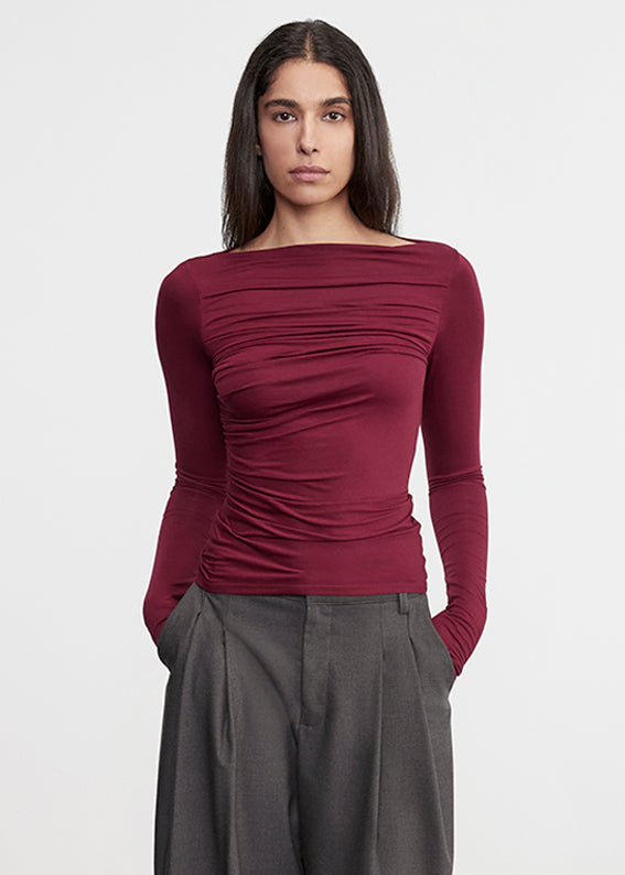 Fluid Jersey Draped Boatneck Burgundy