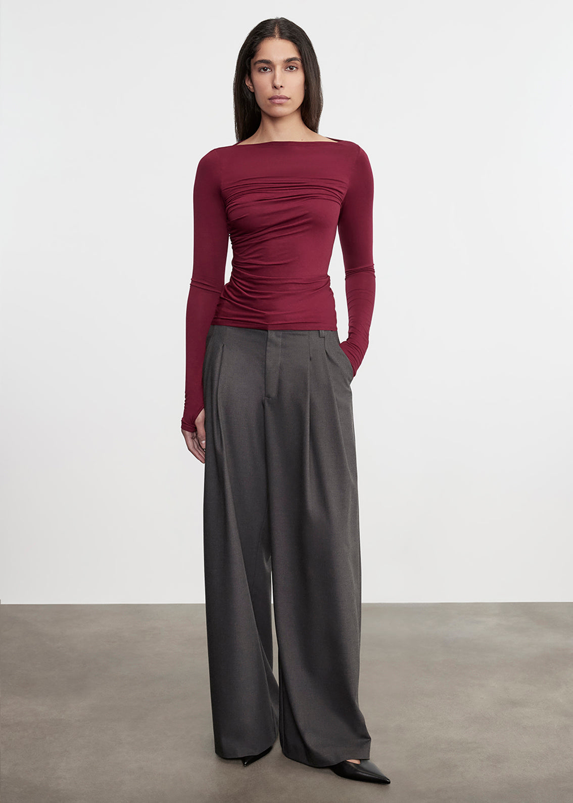 Fluid Jersey Draped Boatneck Burgundy