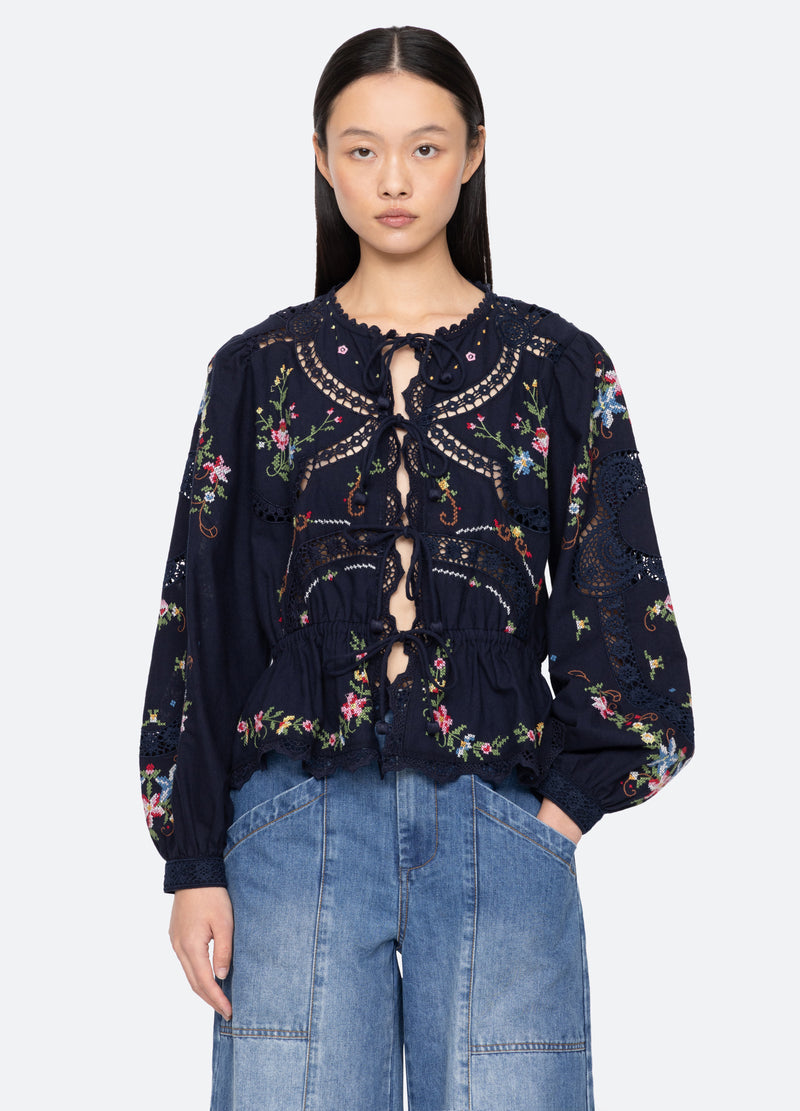 Edwina Embroidery Tie Front Top Navy