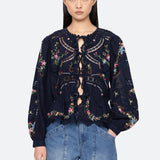 Edwina Embroidery Tie Front Top Navy