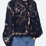 Edwina Embroidery Tie Front Top Navy