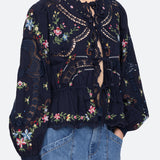 Edwina Embroidery Tie Front Top Navy