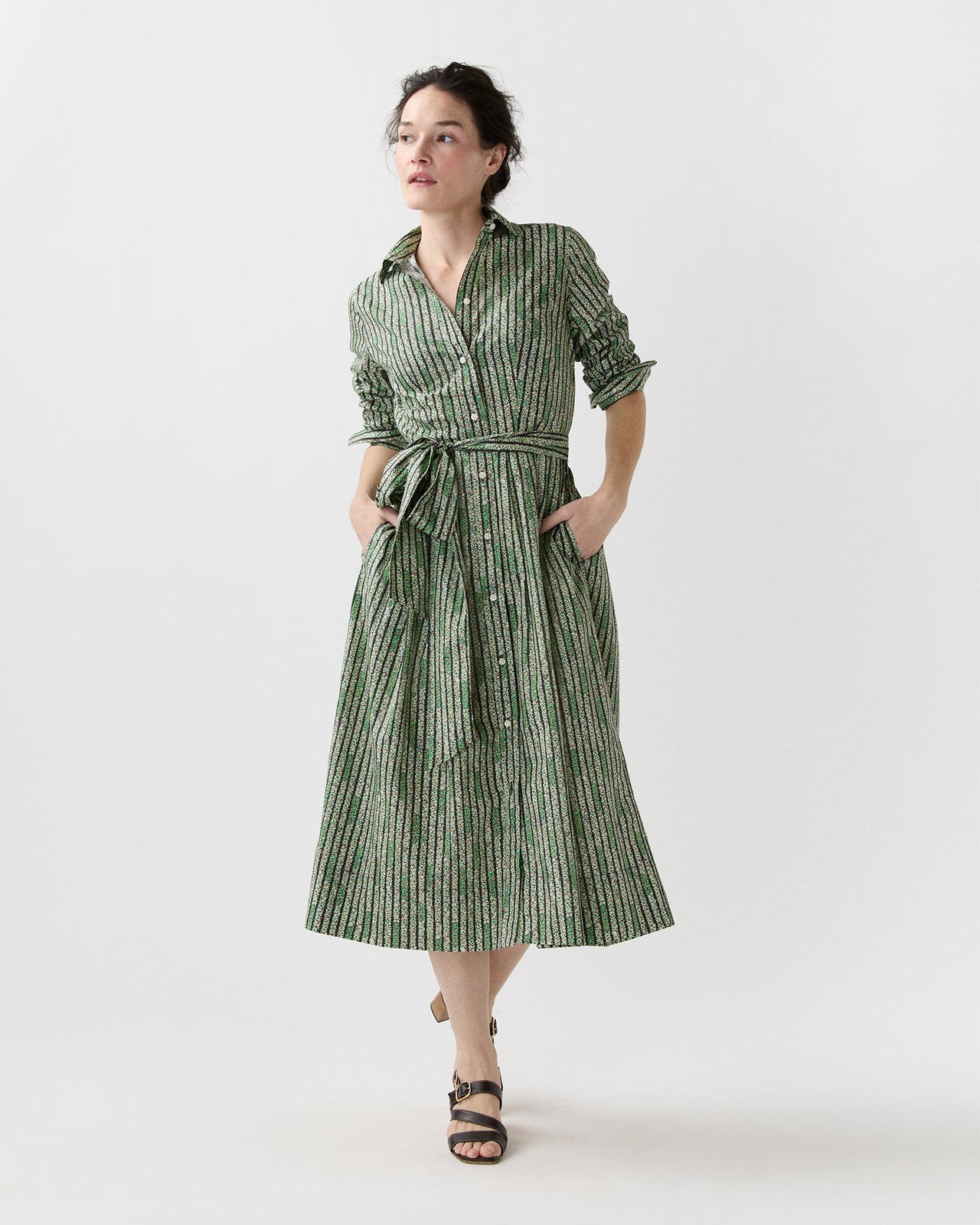 Classic Shirtwaist Dress Green Floral Stripe Printed Poplin