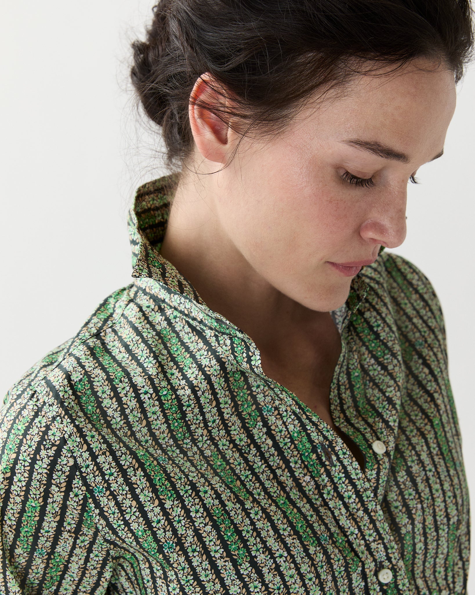 Classic Shirtwaist Dress Green Floral Stripe Printed Poplin