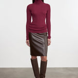 Knee Length Leather Skirt Dark Brown