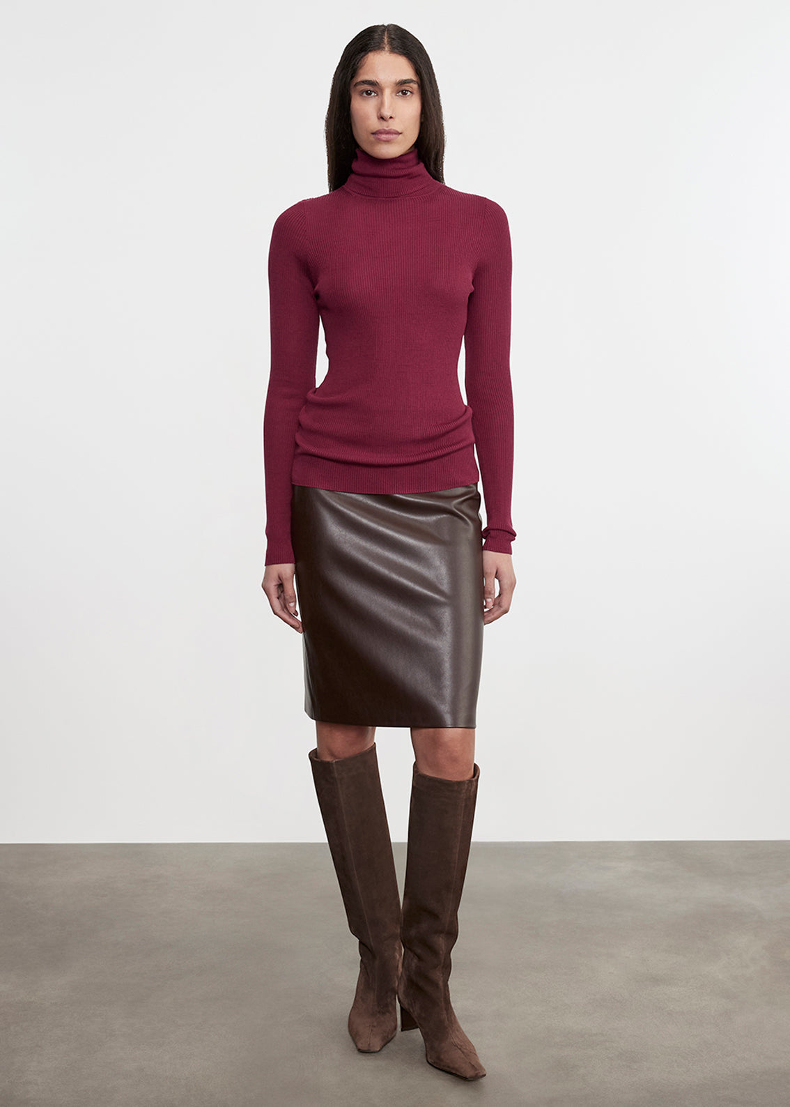 Knee Length Leather Skirt Dark Brown