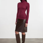 Knee Length Leather Skirt Dark Brown