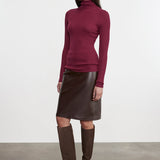 Knee Length Leather Skirt Dark Brown
