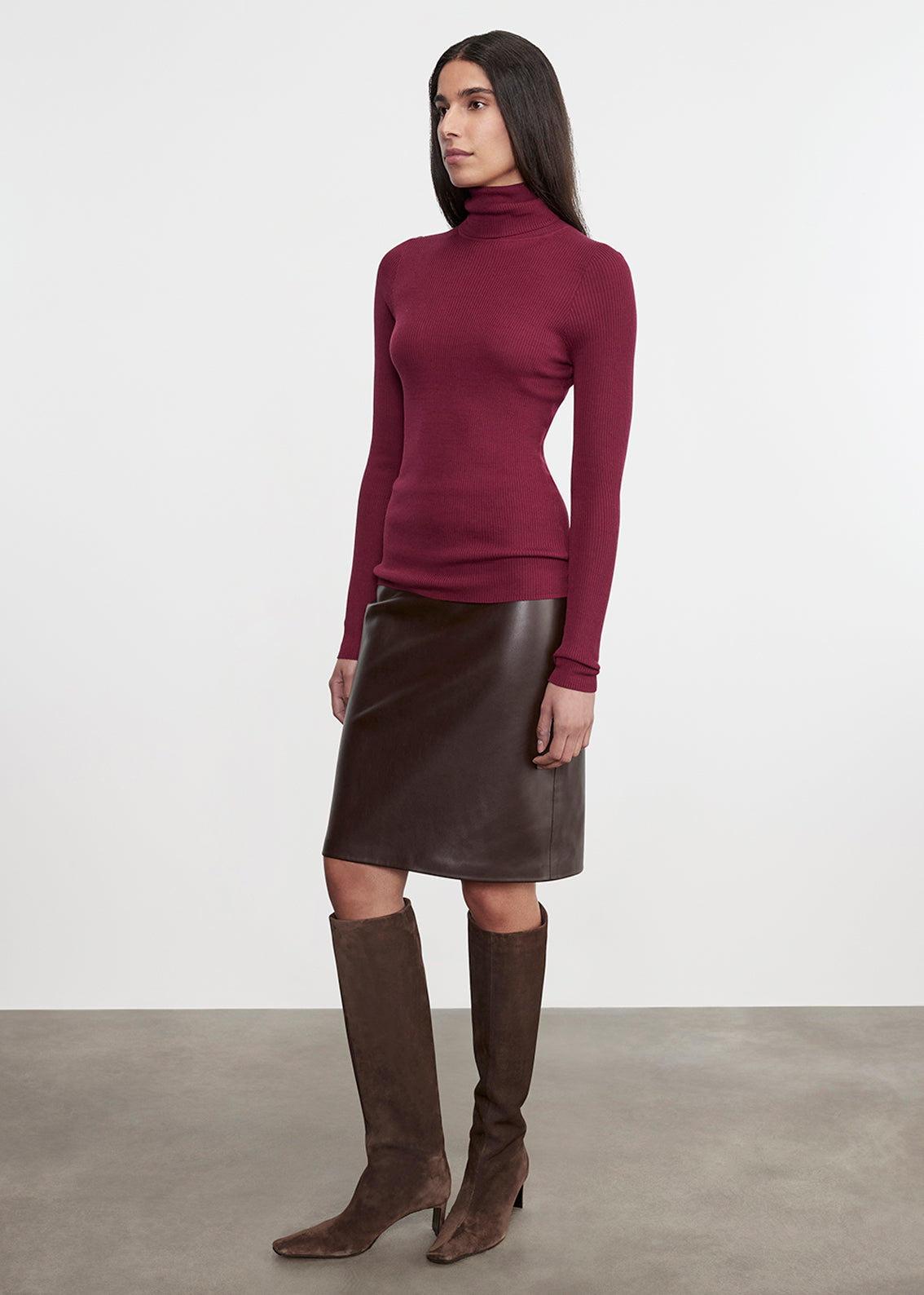 Knee Length Leather Skirt Dark Brown