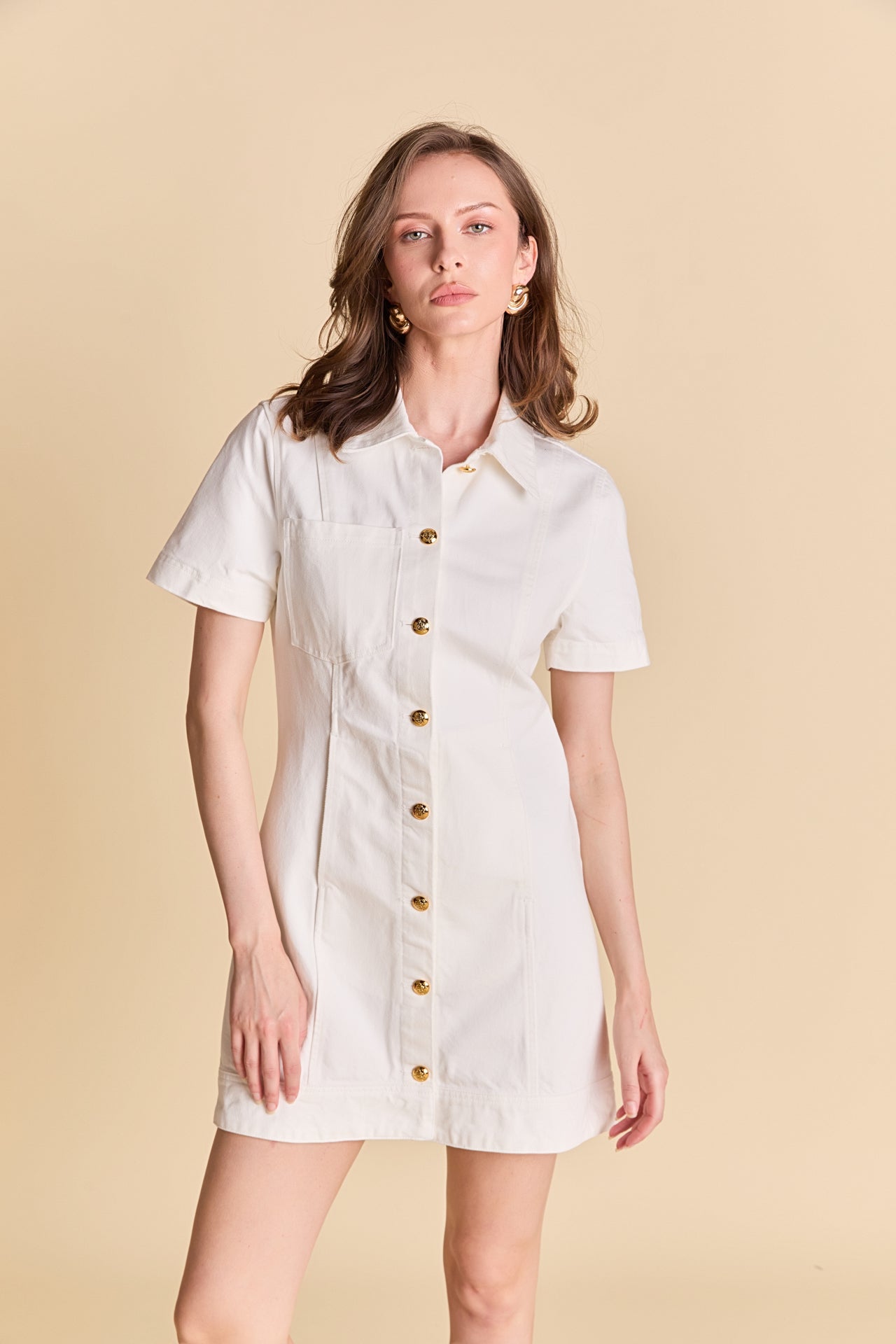 white denim dress with buttons Ivory Denim Button Down Collared Mini Dress