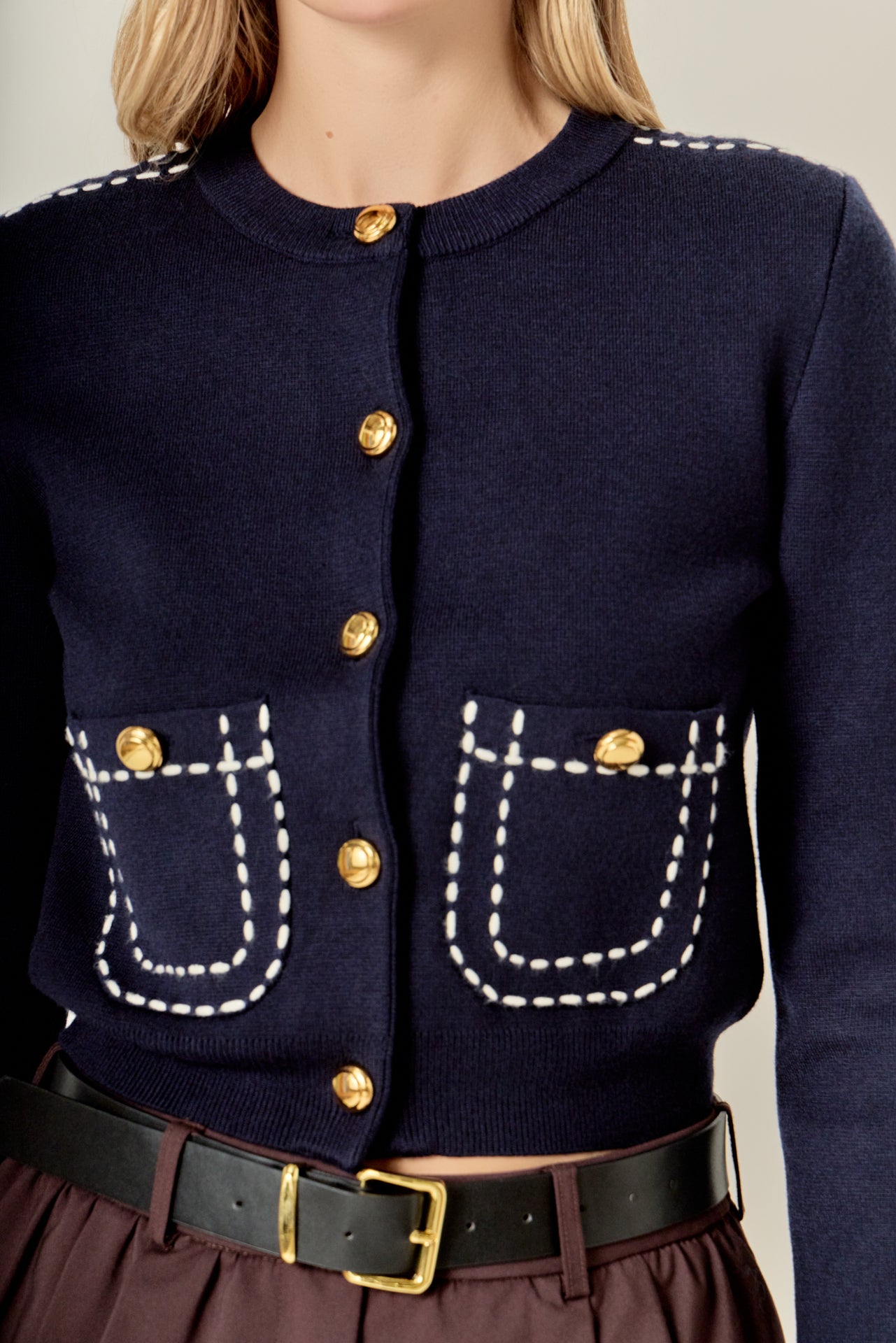 Stitch Detail Puff Cardi Navy / White