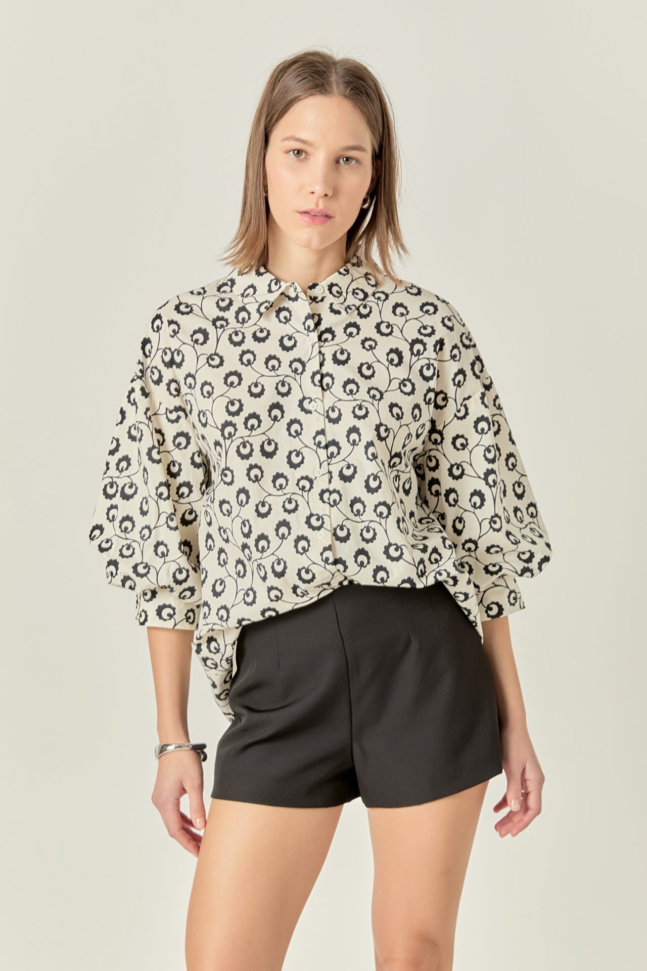 Ivory and Black Printed Floral Blouse