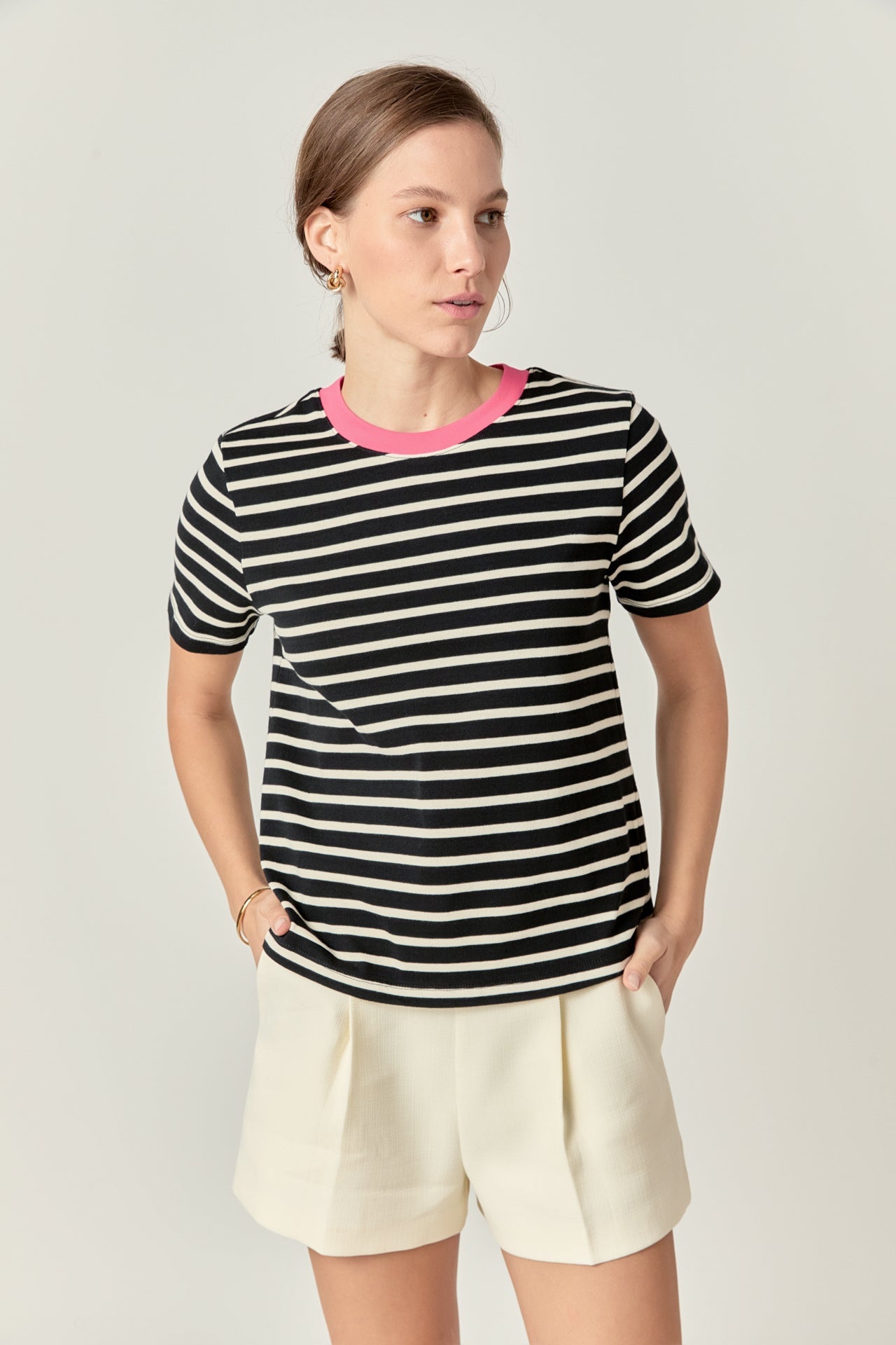 Contrast Rib Stripe T-Shirt Black/Pink