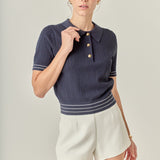 Crochet Short Sleeve Top Navy/Ivory