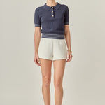 Crochet Short Sleeve Top Navy/Ivory