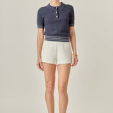 Crochet Short Sleeve Top Navy/Ivory