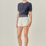 Crochet Short Sleeve Top Navy/Ivory