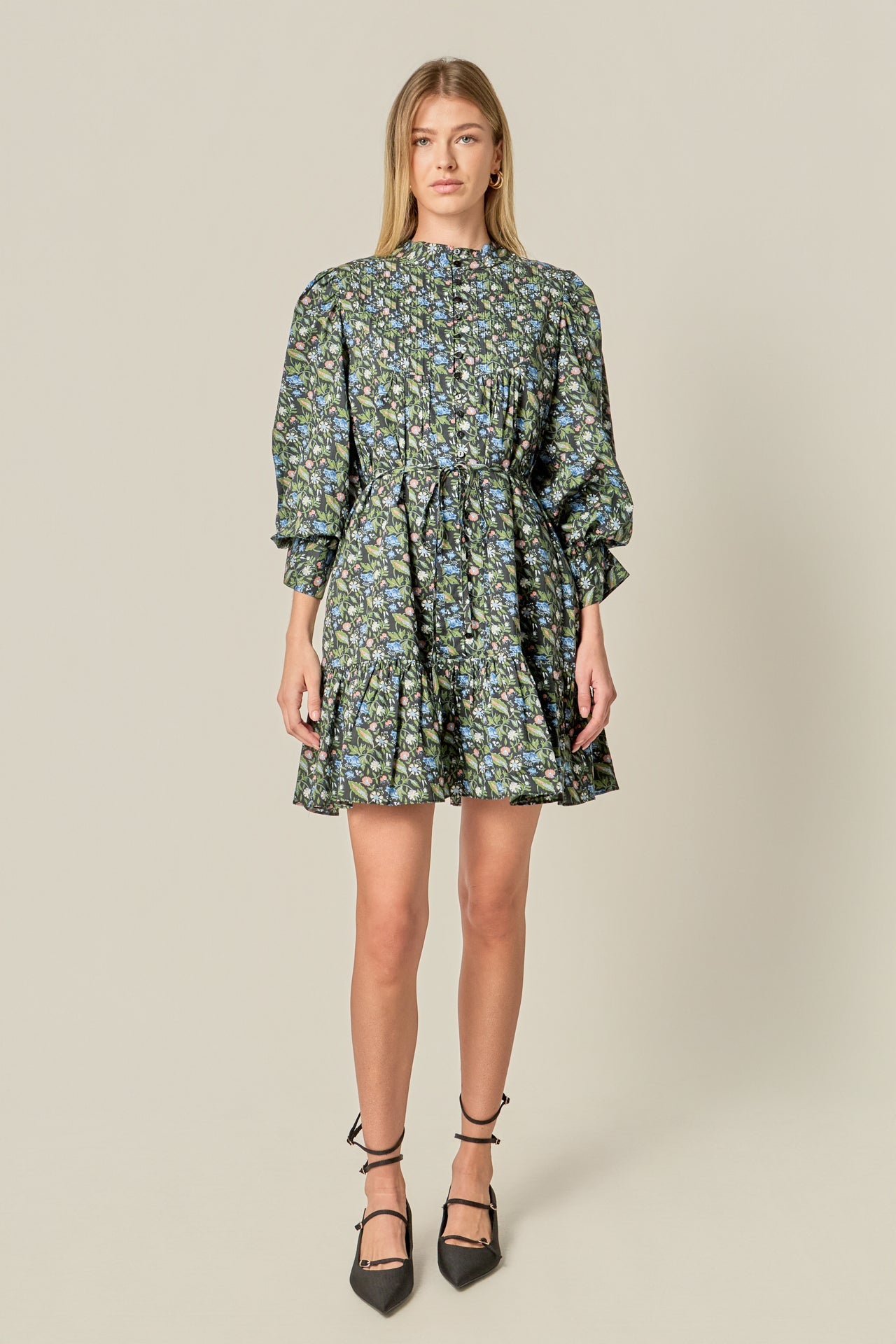Floral Print Pintuck Smock Mini Dress