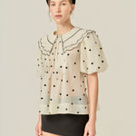 Scalloped Collar Sheer Polka Dot Blouse