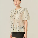 Scalloped Collar Sheer Polka Dot Blouse