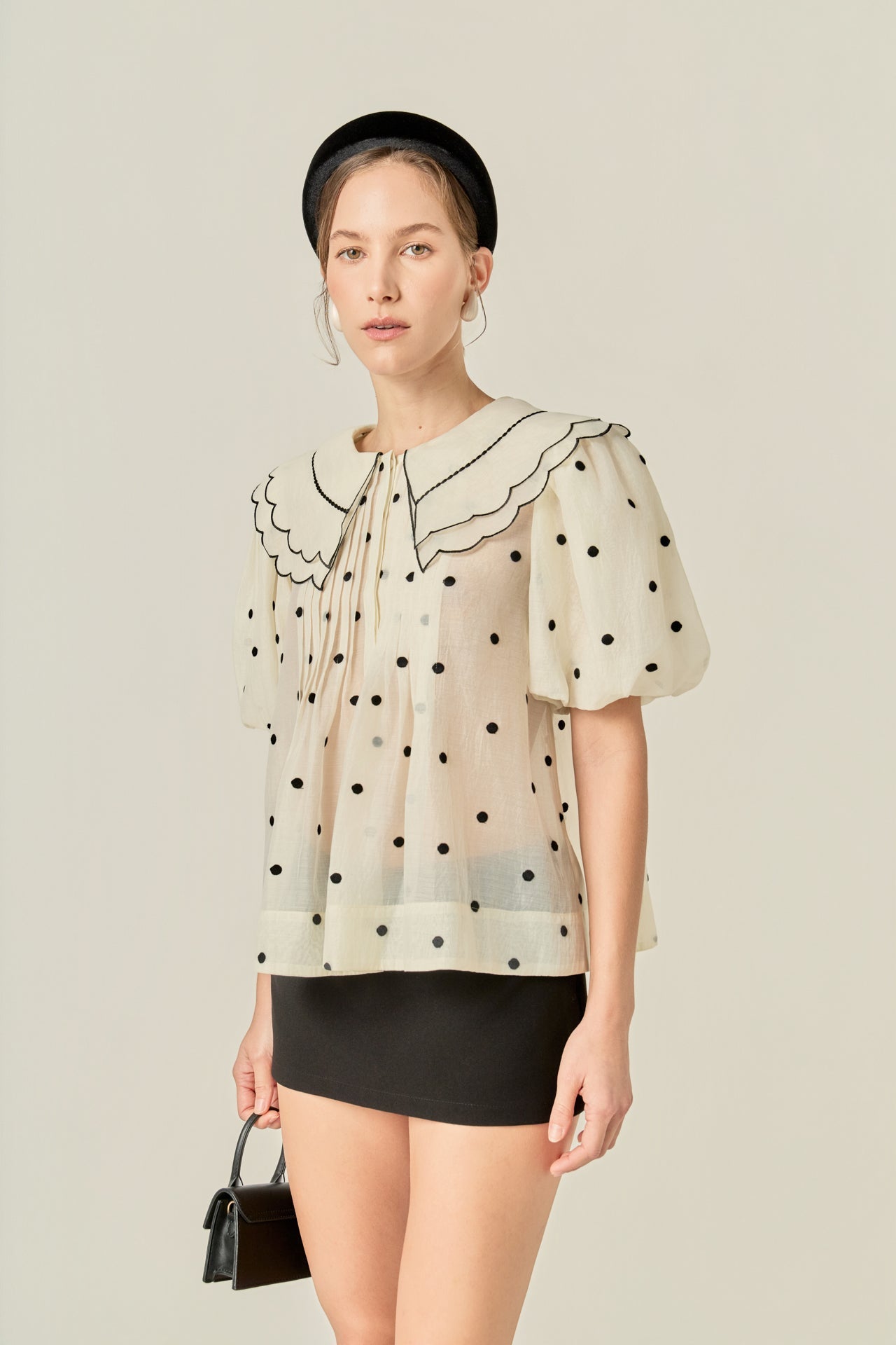 Scalloped Collar Sheer Polka Dot Blouse