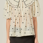 Scalloped Collar Sheer Polka Dot Blouse