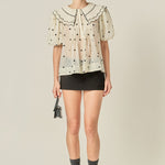 Scalloped Collar Sheer Polka Dot Blouse