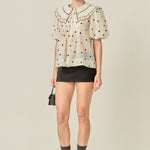 Scalloped Collar Sheer Polka Dot Blouse