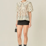 Scalloped Collar Sheer Polka Dot Blouse