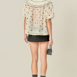 Scalloped Collar Sheer Polka Dot Blouse