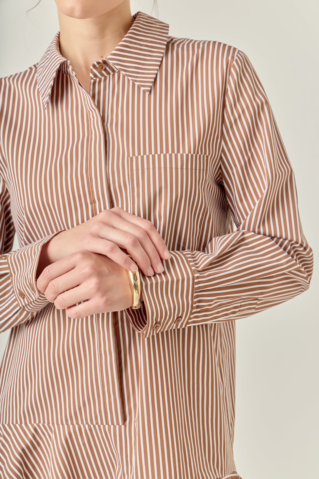 Stripe Collar Flared Skirt Dress Brown