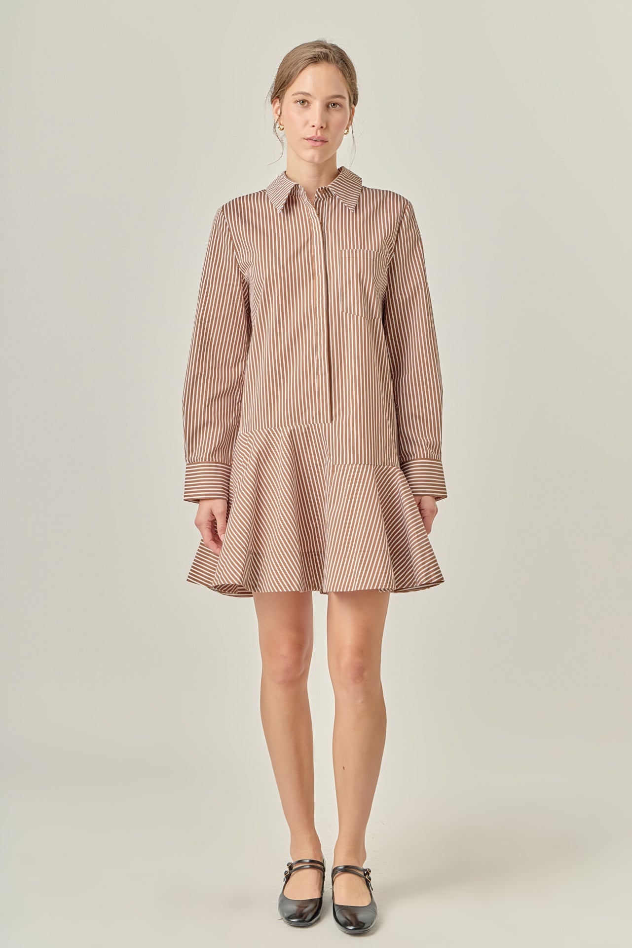 Stripe Collar Flared Skirt Dress Brown