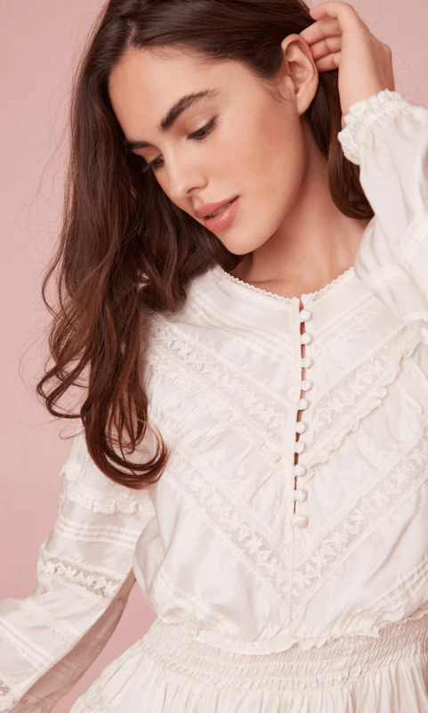 love shack fancy white dress Floral Embroidery Cotton Three Quarter Sleeve Maxi The dress features buttons down center front LoveShackFancy | Jones Victorian Lace